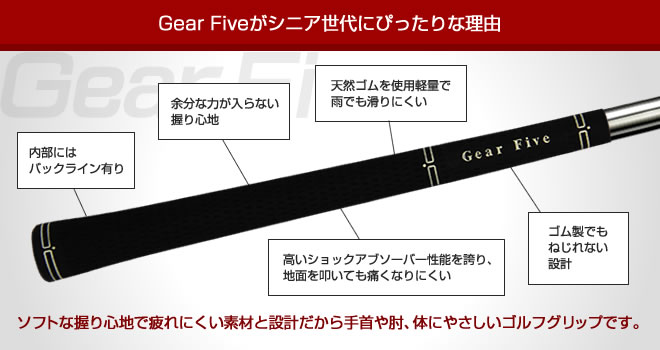 Gear Fiveがシニア世代にぴったりな理由 1)天然ゴムを使用軽量で雨でも滑りにくい 2)余分な力が入らない 3)内部にはバックライン有り握り心地 4)高いショックアブソーバー性能を誇り、地面を叩いても痛くなりにくい 5)ゴム製でもねじれない設計 ソフトな握り心地で疲れにくい素材と設計だから手首や肘、体にやさしいゴルフグリップです。